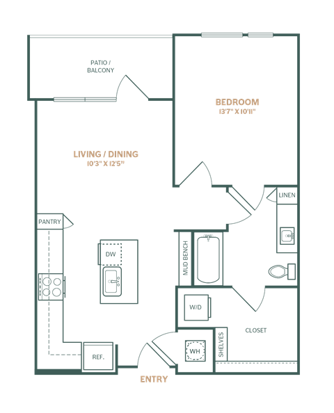 Floor plan for 1 bed, 1 bath, 721 sqft